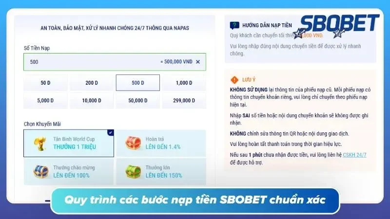 Các bước thao tác gửi vốn vào tài khoản cá cược